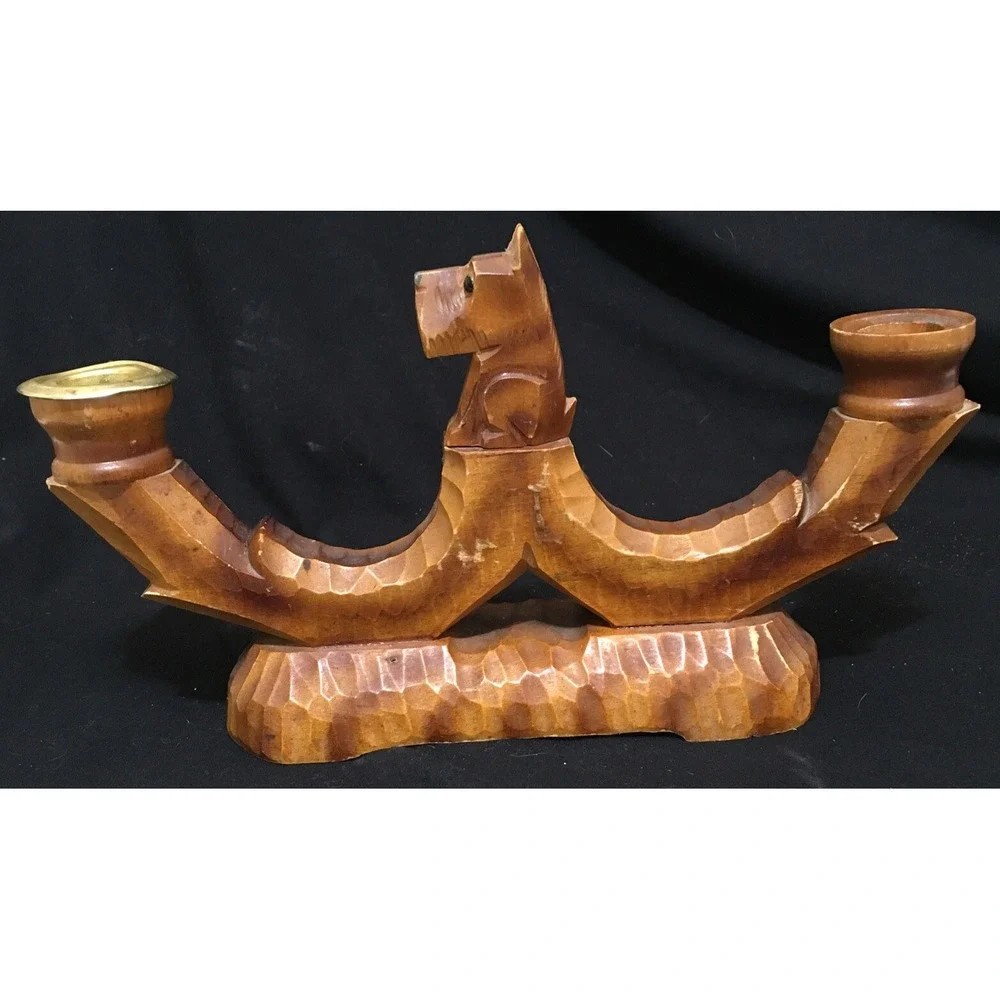 Vintage Scottish Terrier Scotty Dog Hand Carved Wooden Double Candle Holder